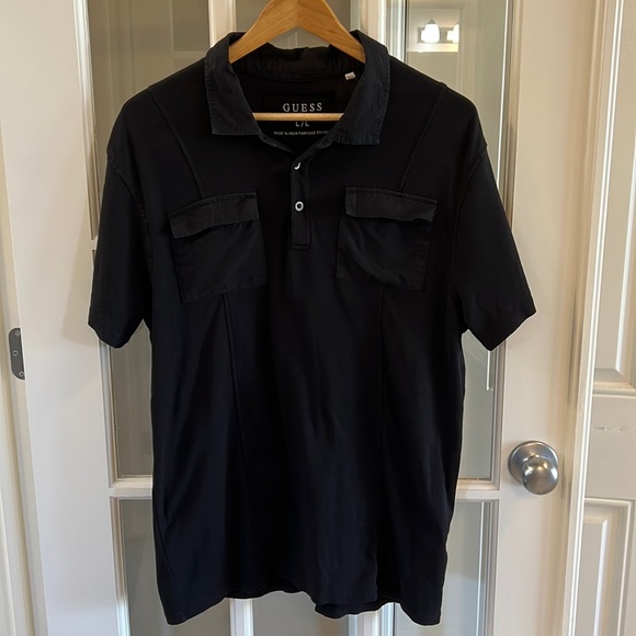 Guess Polo Black with Silver Buttons Functional Pockets 100% Cotton Large - Picture 1 of 5